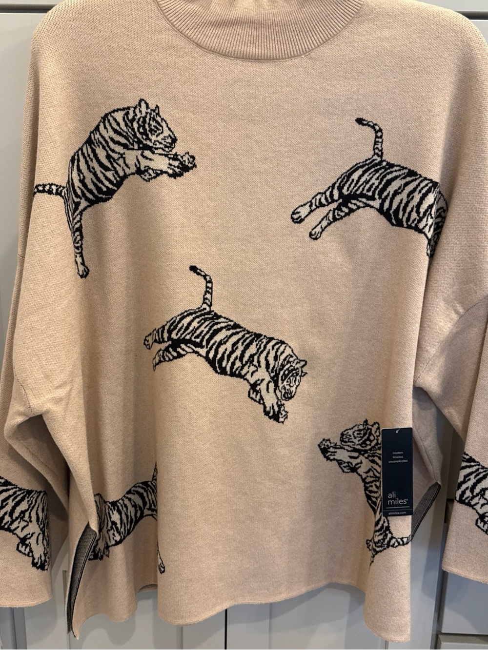 Ali Miles Jacquard Mock Neck 3/4 Sleeve Sweater Tiger Tan Beige Animal 2X NWT